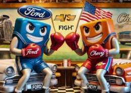 Ford and Chevy cartoon characters engaged in a comical fistfight.