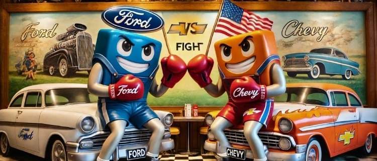 Ford and Chevy cartoon characters engaged in a comical fistfight.