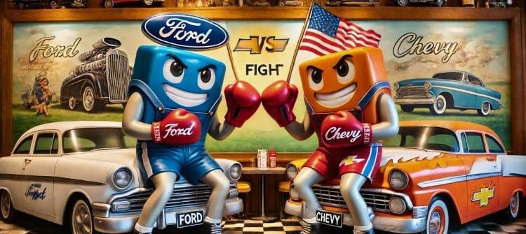 Ford and Chevy cartoon characters engaged in a comical fistfight.