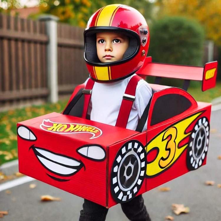 Lightning McQueen lookalike child car-related Halloween costume.