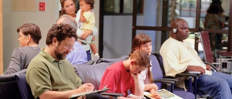 A humorous depiction of a chaotic DMV office with frustrated customers and patient employees.